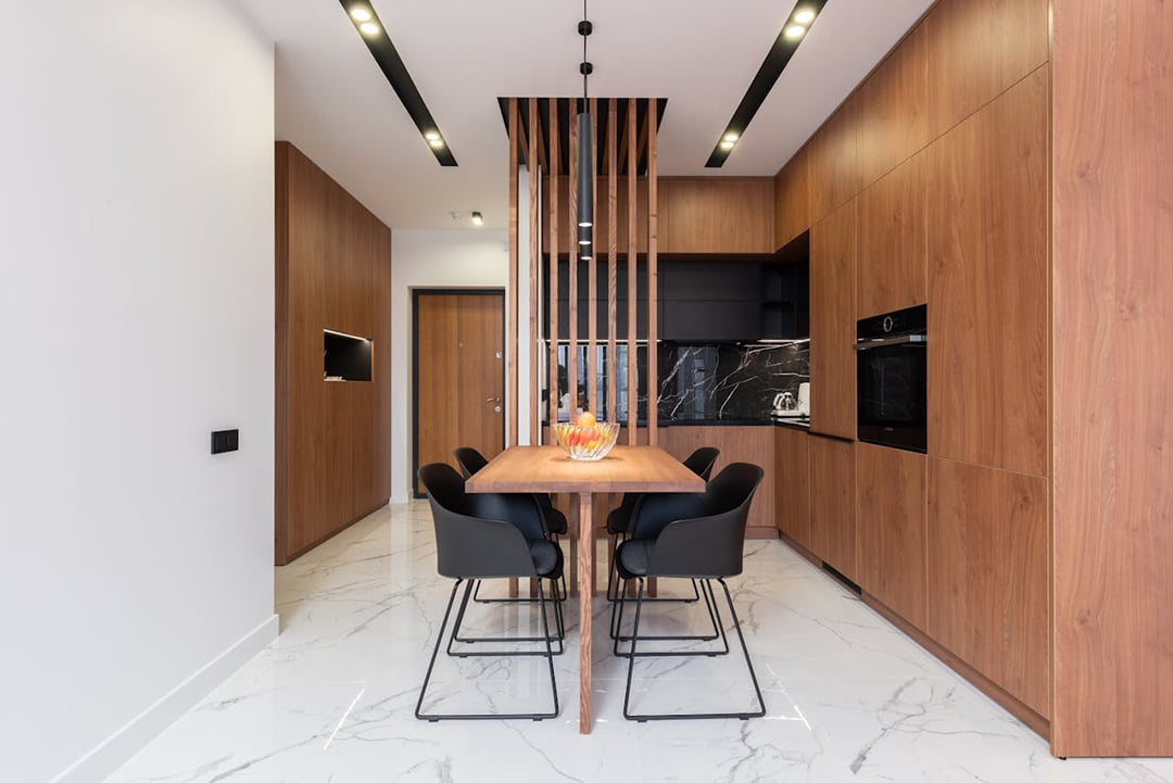 Modern kitchen with wooden screen divider