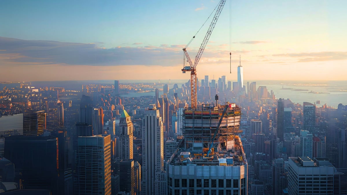 NYC skyline view with crane building a new construction home