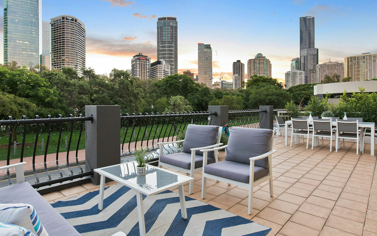 Outdoor space against the NYC skyline.