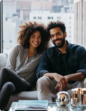 Couple on sofa looking happy