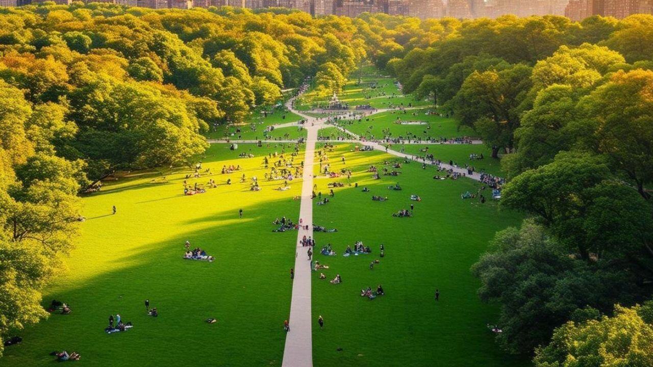 Aerial view of Central Park in NYC, showcasing green space and outdoor lifestyle in Manhattan.