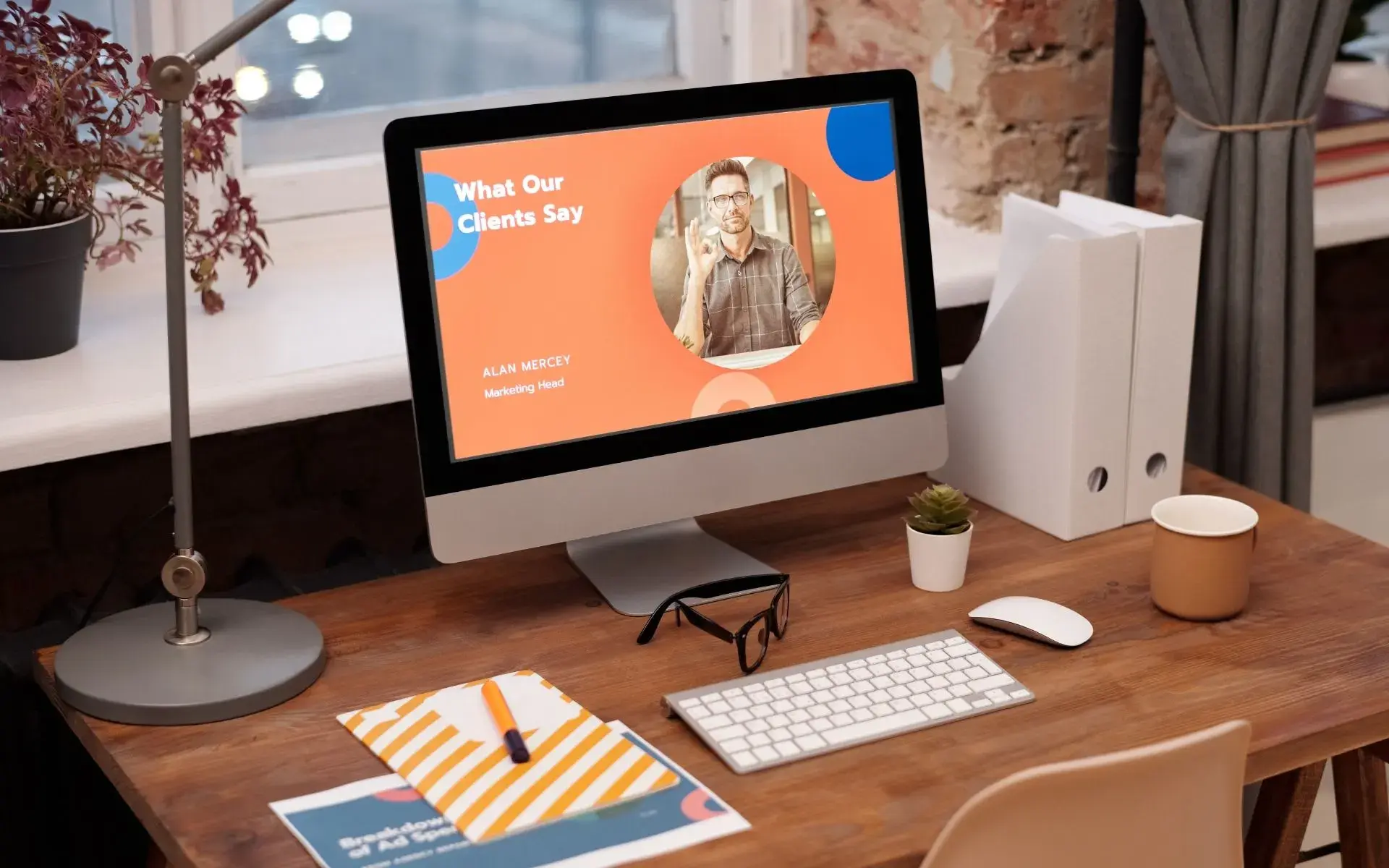 A professional home office setup featuring a sleek desk and a large iMac displaying client feedback.