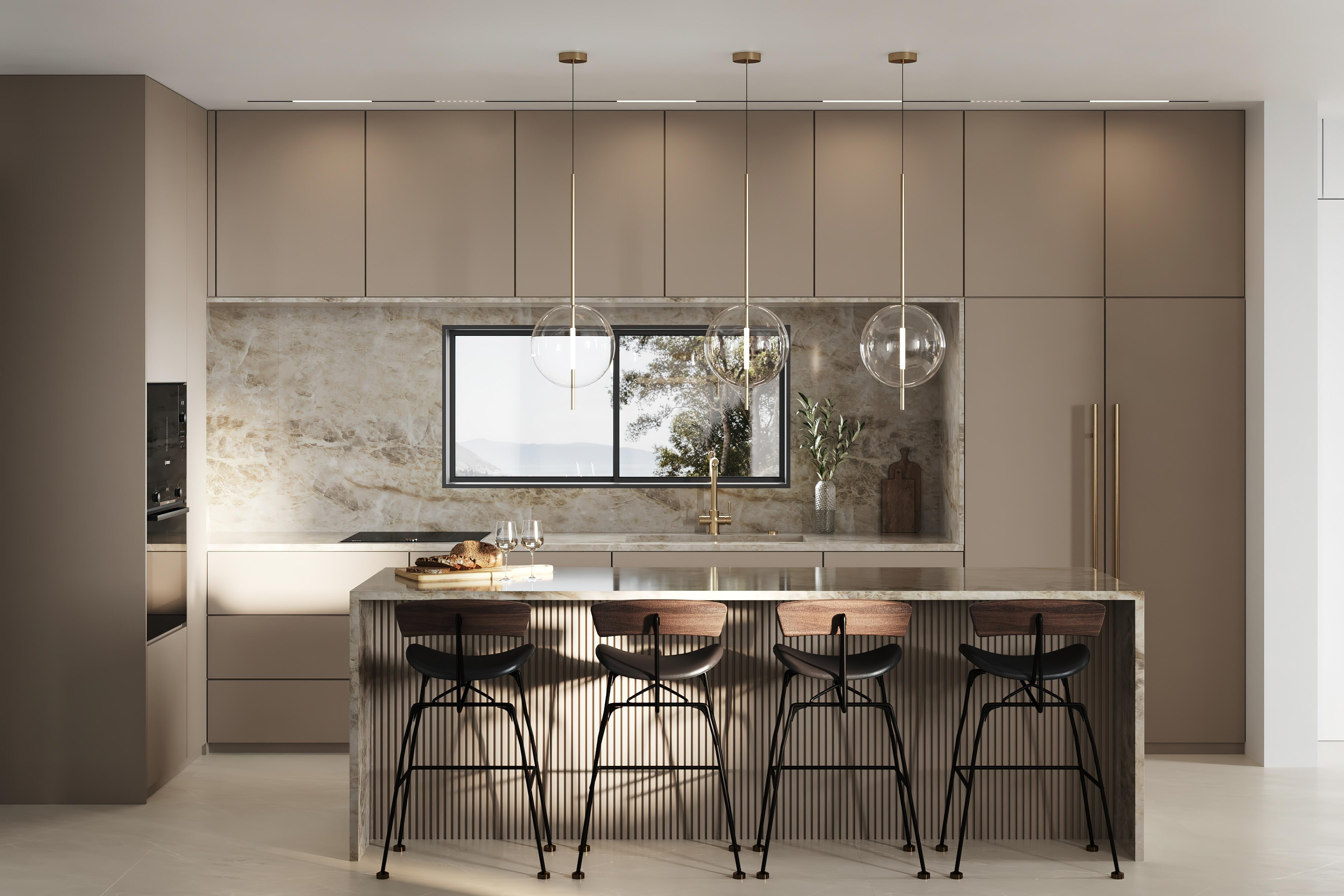 A contemporary kitchen featuring a marble backsplash, sleek cabinetry, and elegant pendant lights.