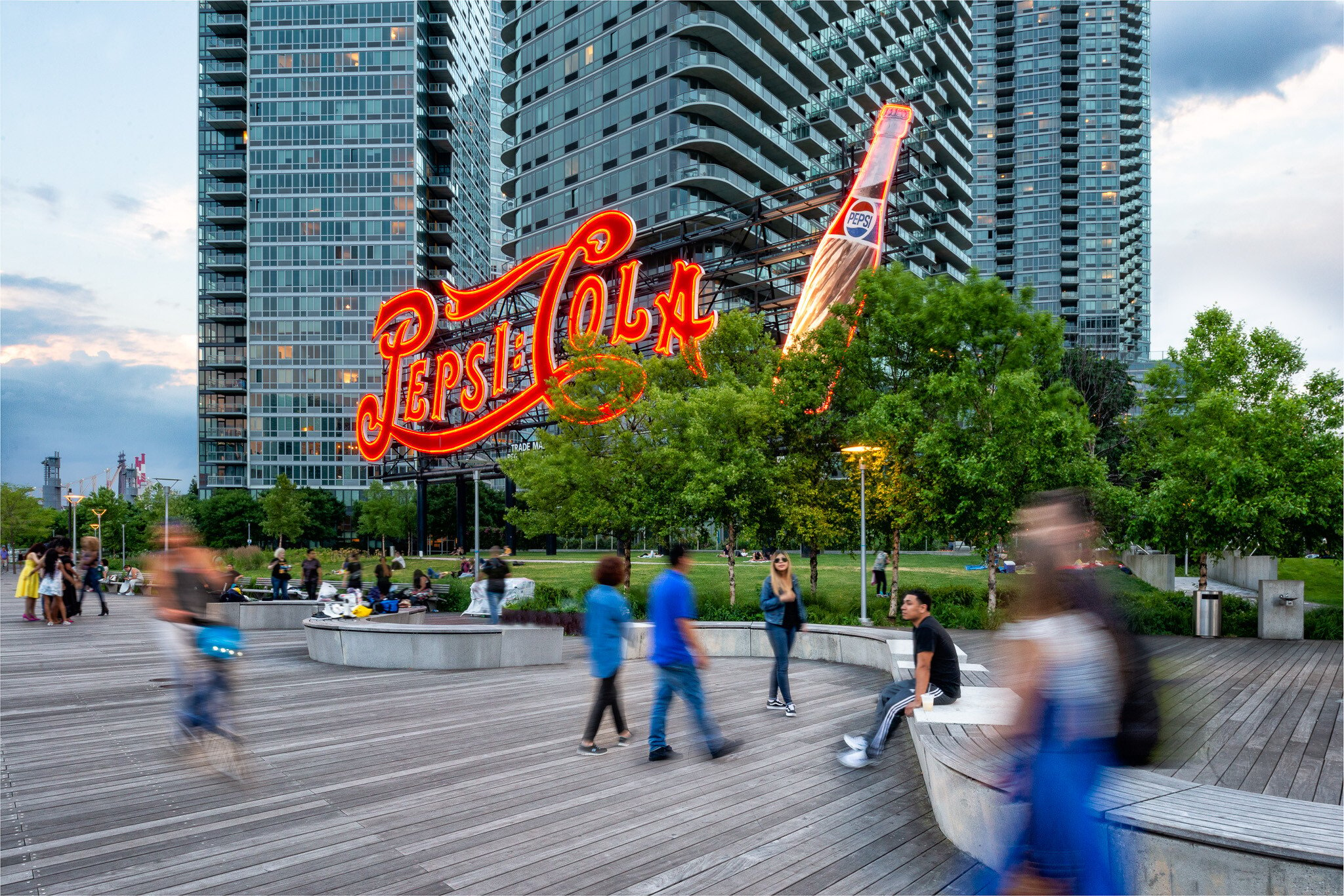 The iconic Pepsi Cola sign in Long Island City, a popular waterfront location with high-rise apartments.