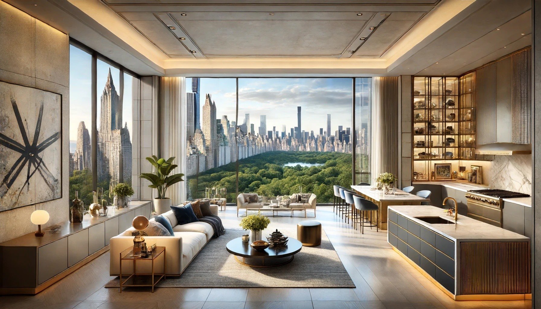 A high-end living room with floor-to-ceiling windows offering stunning views of Central Park.