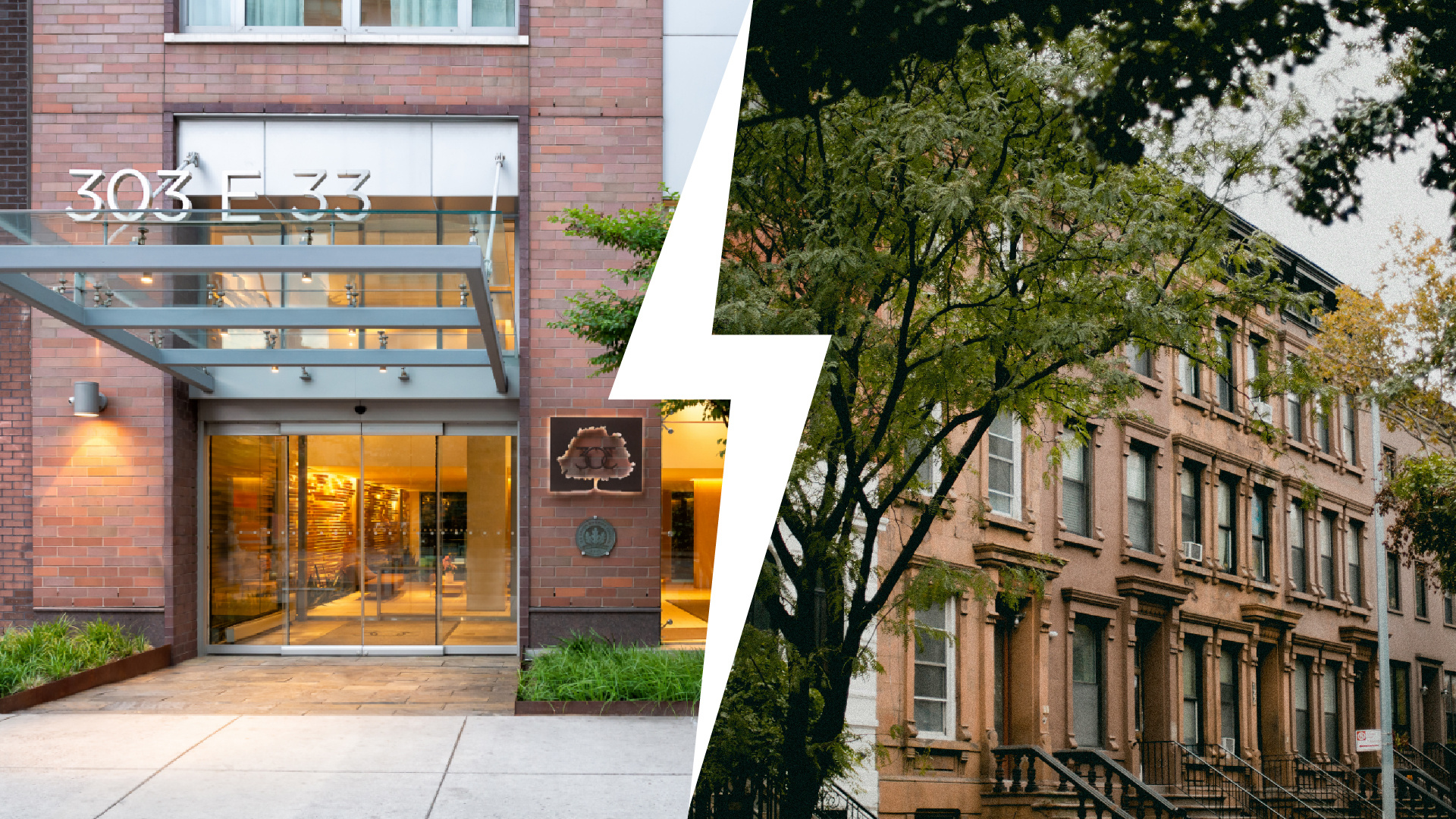 NYC real estate comparison—modern luxury apartments vs. classic brownstones.