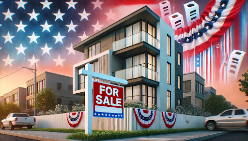 USA real estate market—modern home for sale with patriotic American flag design.