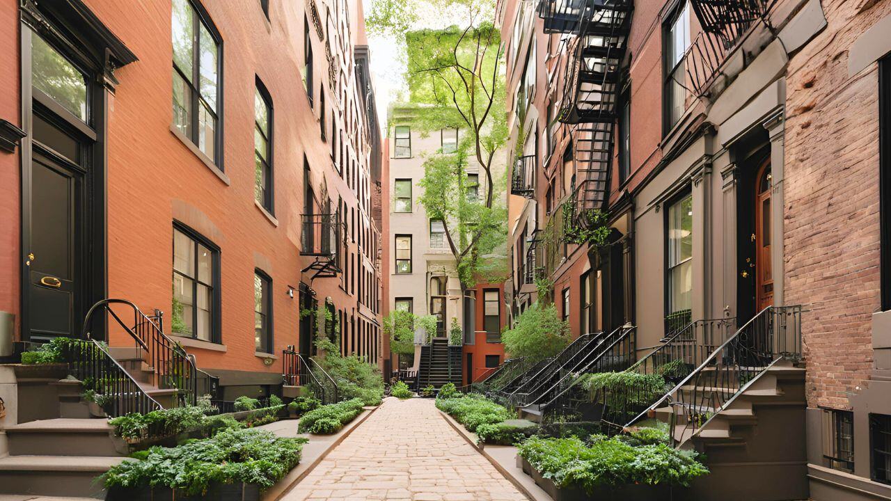 Charming brownstone courtyard in NYC, featuring lush greenery and historic architecture.