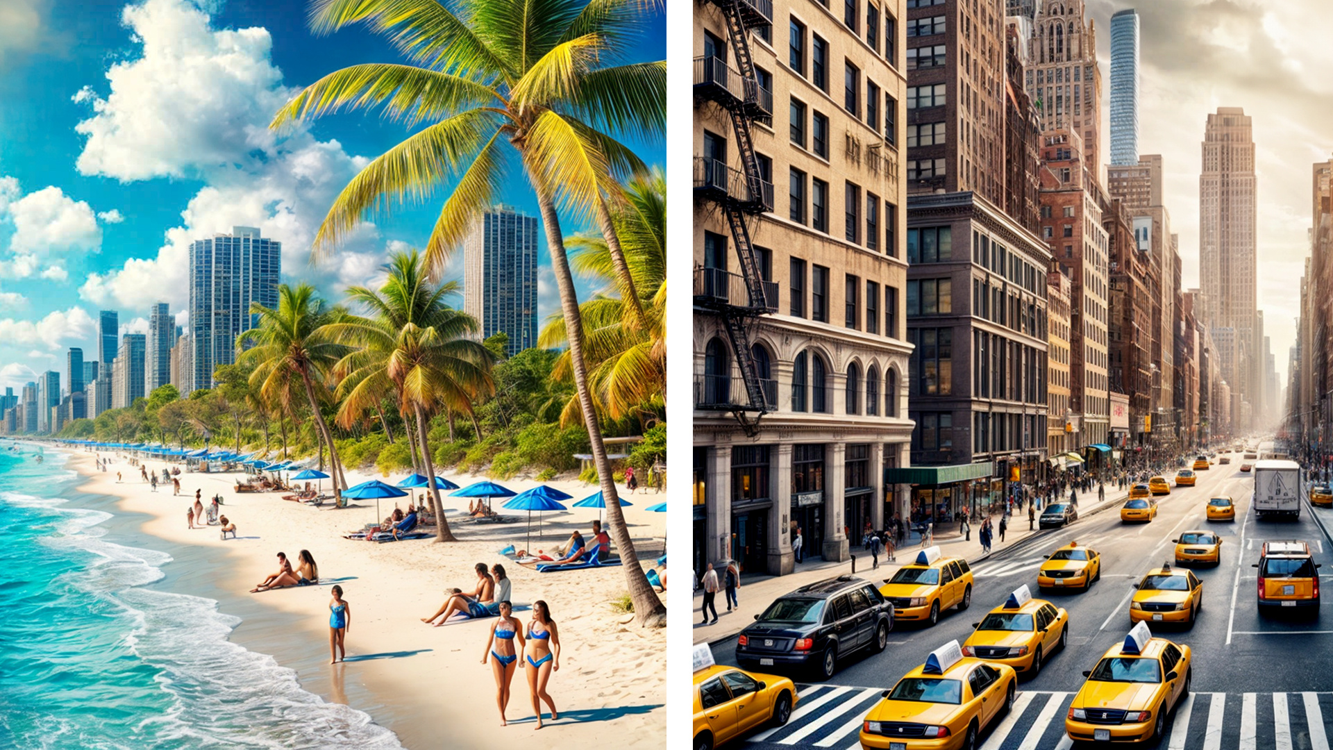 Comparing luxury living—NYC urban lifestyle vs. tropical beachfront real estate.