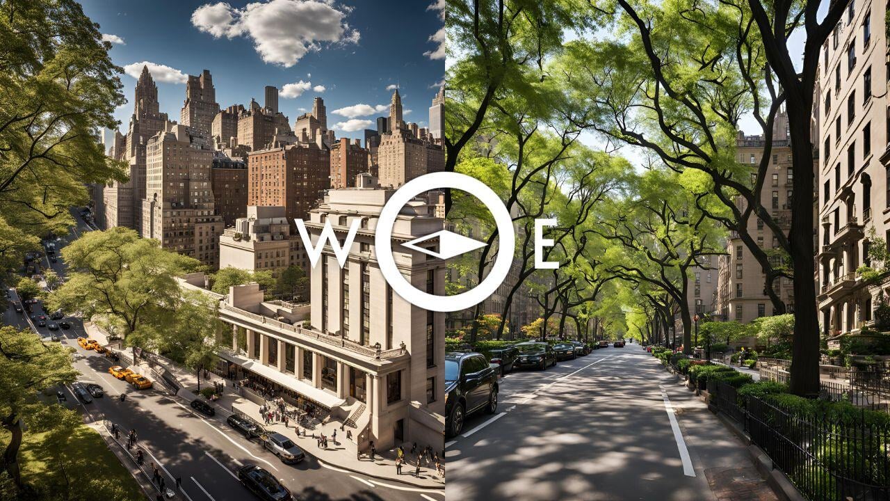 NYC real estate contrast—classic architecture vs. tree-lined streets, guiding homebuyers.