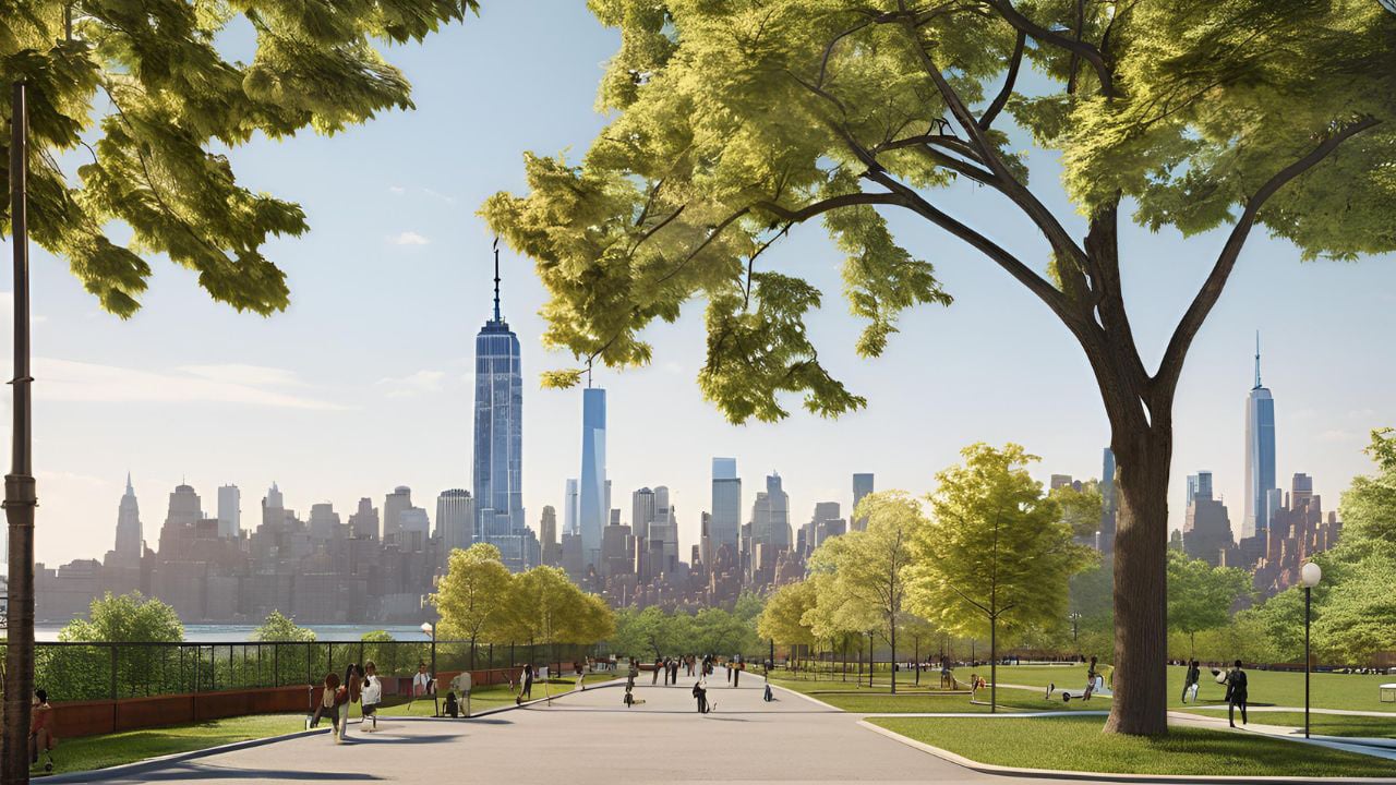 Stunning NYC skyline at dusk viewed from the waterfront, showcasing Manhattan real estate.