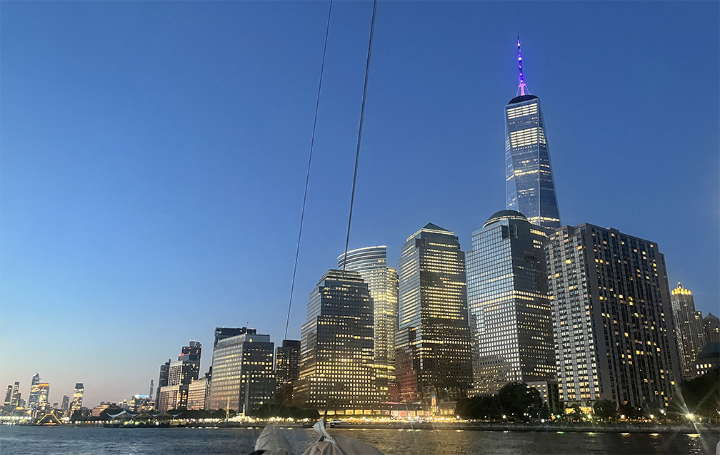 NYC skyline featuring modern skyscrapers and ongoing construction projects in Lower Manhattan.