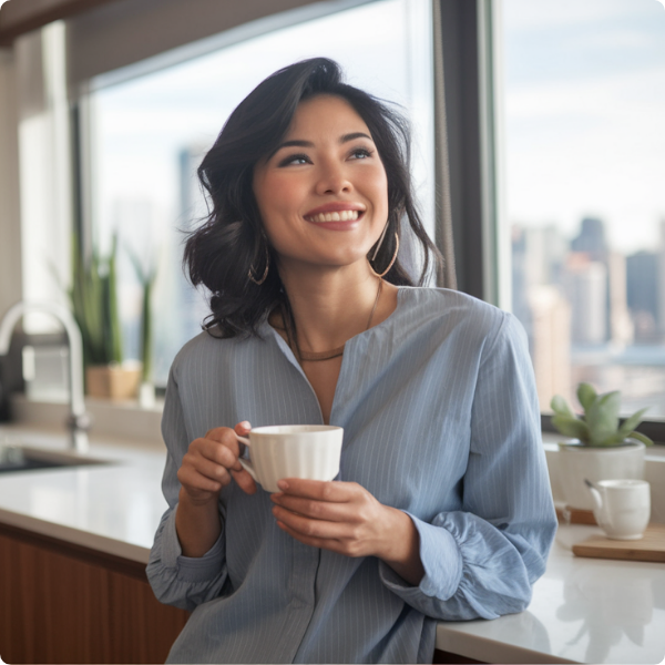 Person standing by kitchen counter looking at skyline view